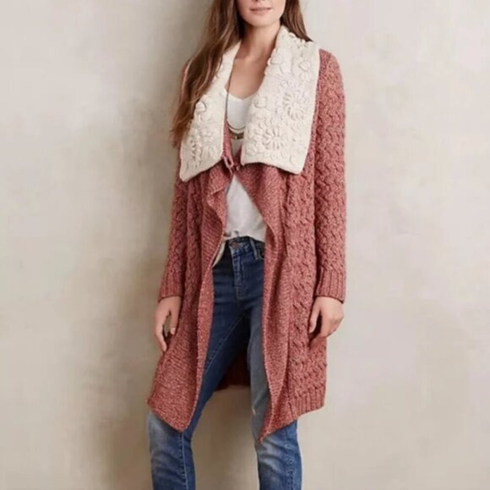 Anthropologie Knitted & Knotted Cardigan Sweater W/Textured Floral Shawl Collar
